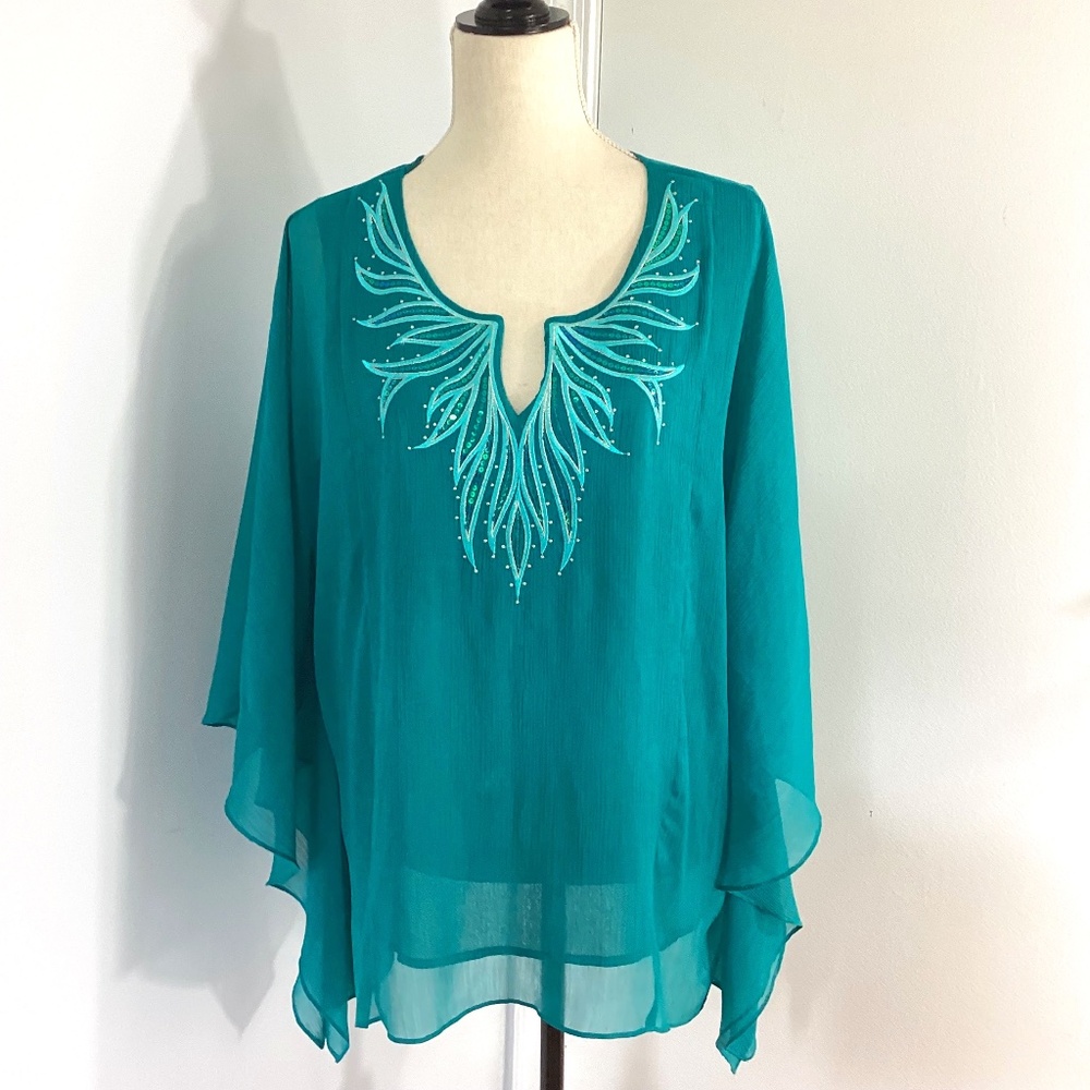 VTG BOB MACKIE WEARABLE ART SZ LARGE  TEAL BATWING TOP BLOUSE SEQUINS EMBROIDERY